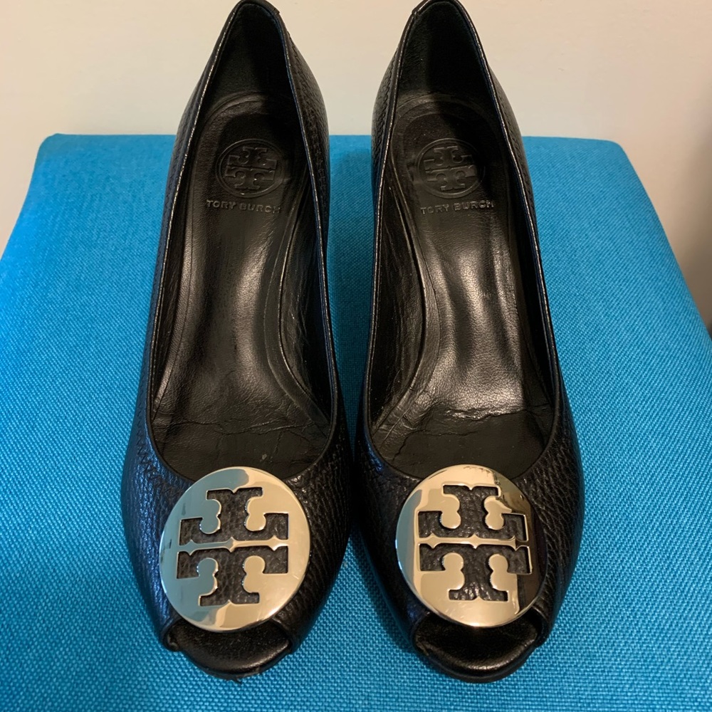 Tory Burch black open-toe wedges